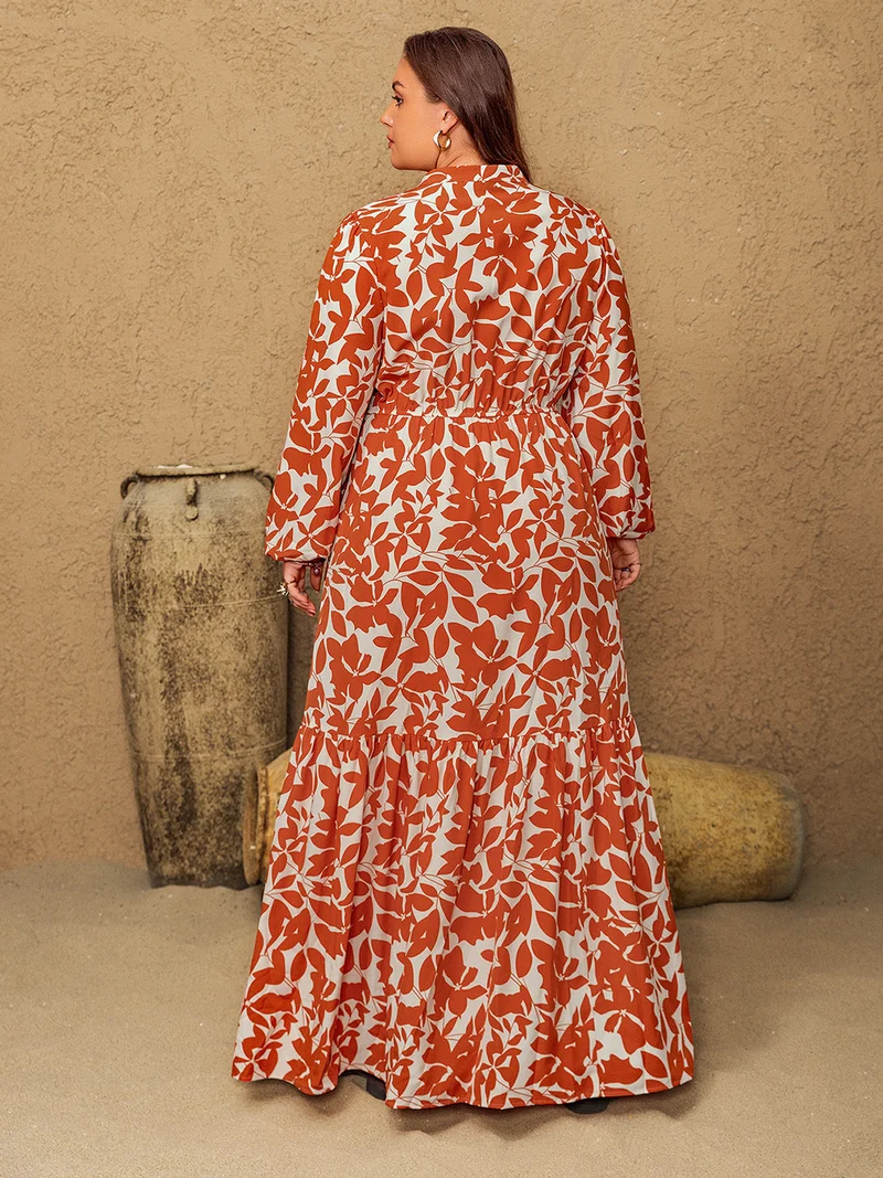 Plus Size Print Ingekeepte Lange Mouw Maxi Jurk