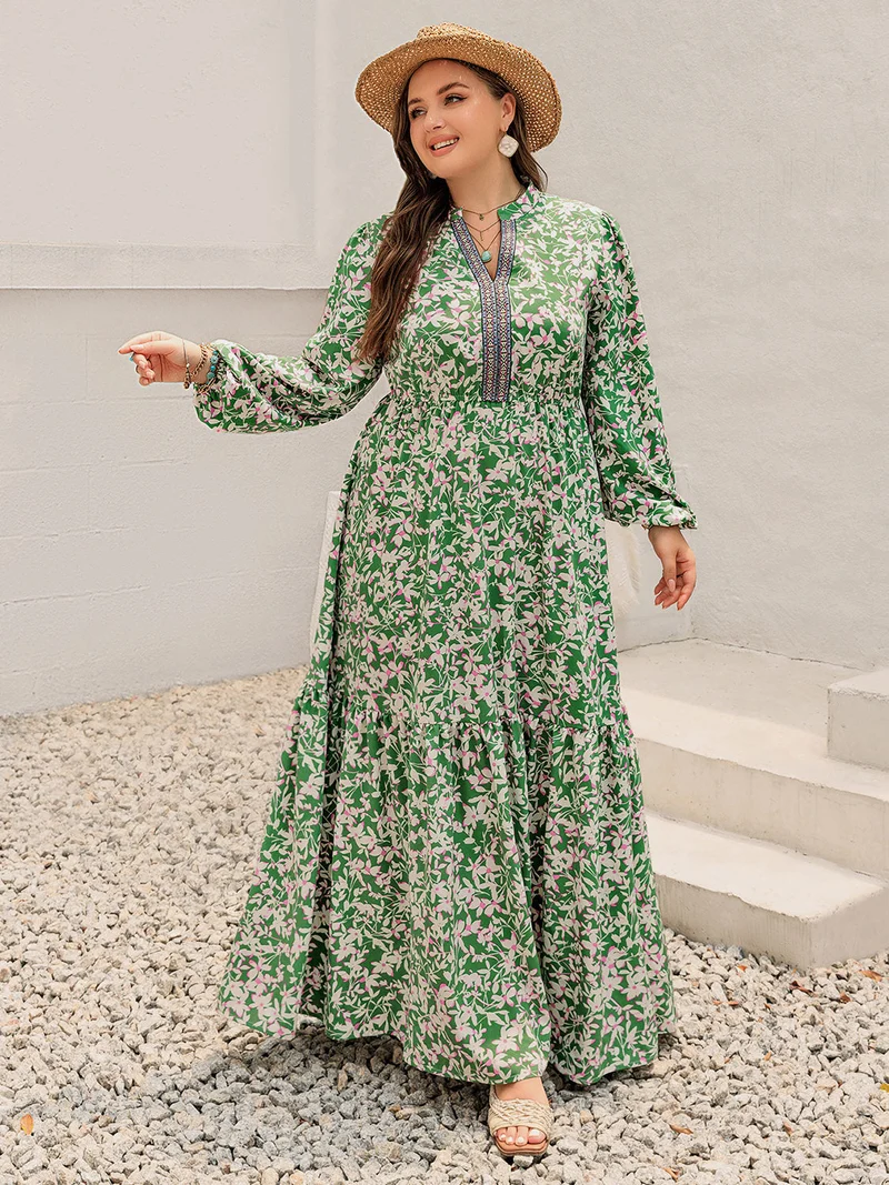 Plus Size Print Ingekeepte Lange Mouw Maxi Jurk
