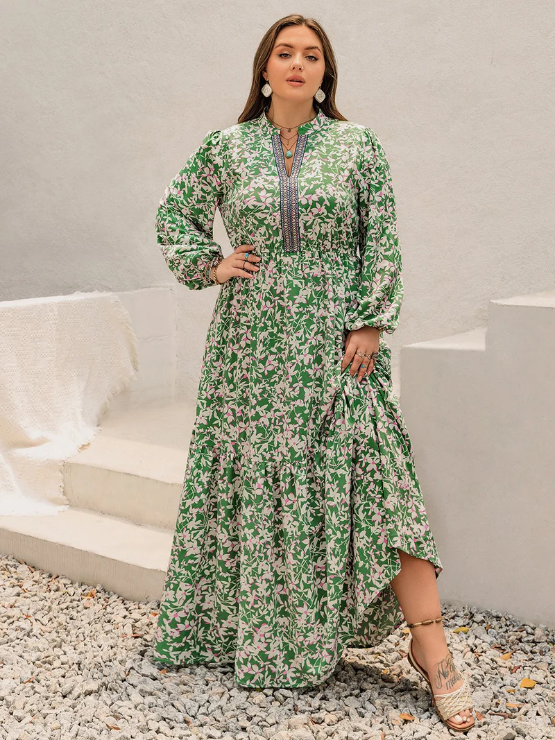Plus Size Print Ingekeepte Lange Mouw Maxi Jurk