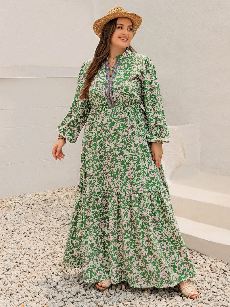 Plus Size Print Ingekeepte Lange Mouw Maxi Jurk