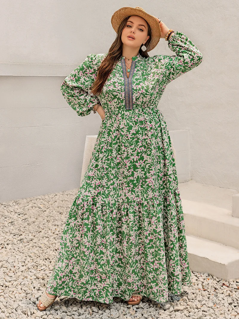 Plus Size Print Ingekeepte Lange Mouw Maxi Jurk