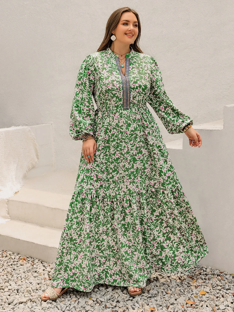 Plus Size Print Ingekeepte Lange Mouw Maxi Jurk