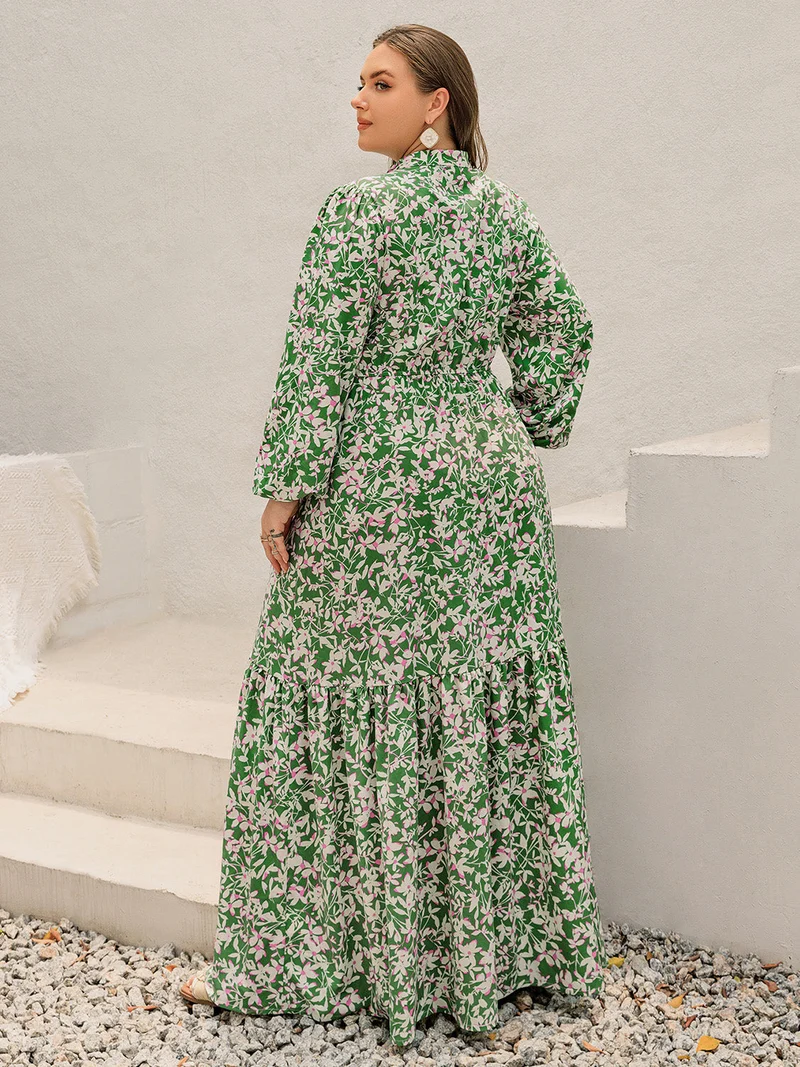 Plus Size Print Ingekeepte Lange Mouw Maxi Jurk