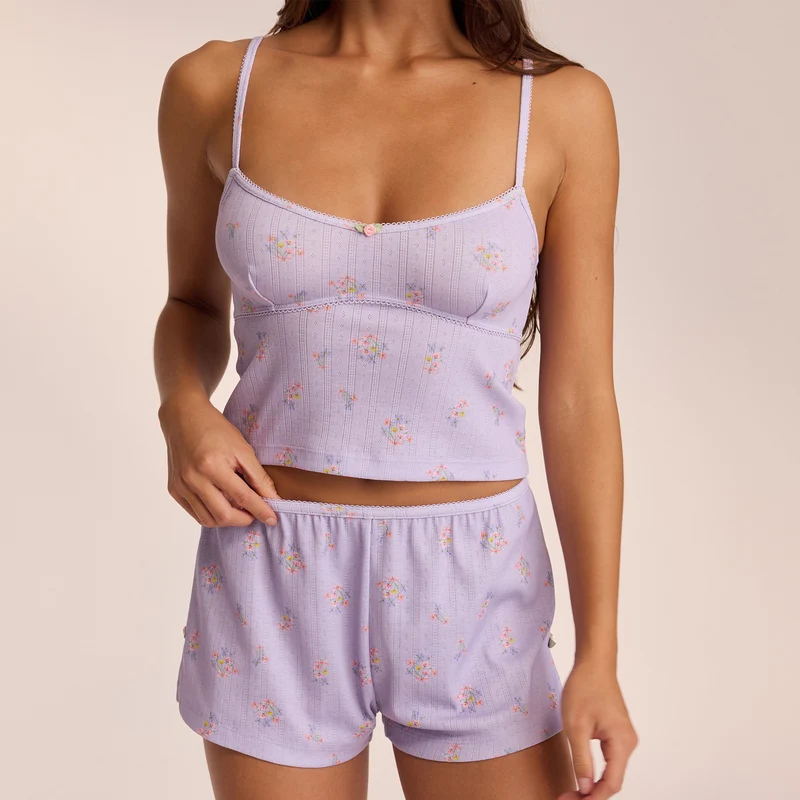 Pointelle Cami Pyjama Top - Bloemig Lila