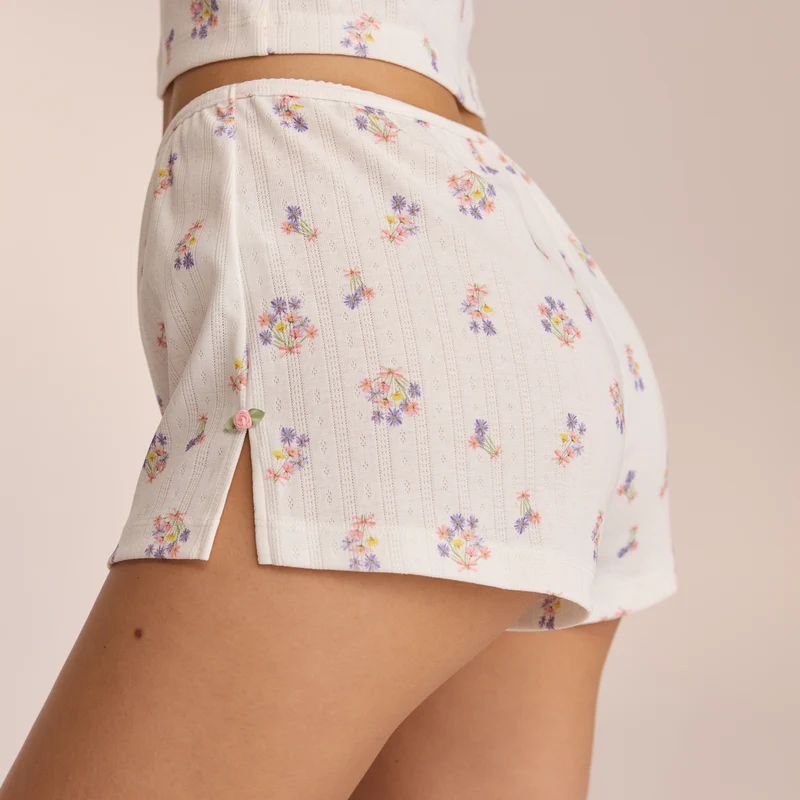Pointelle Pyjamashorts - Bloemig Wit