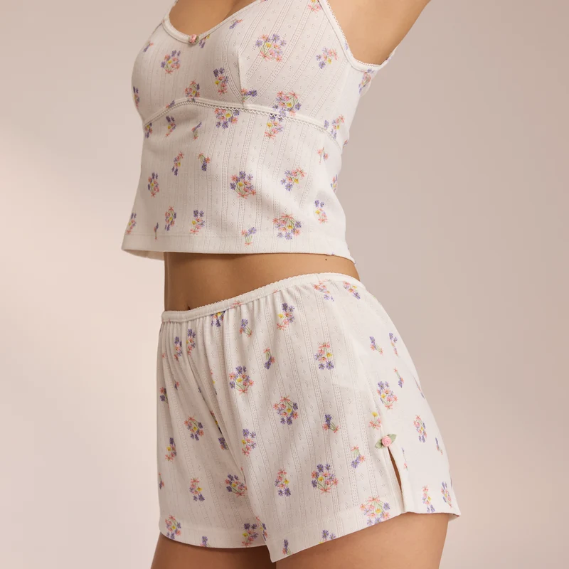 Pointelle Pyjamashorts - Bloemig Wit