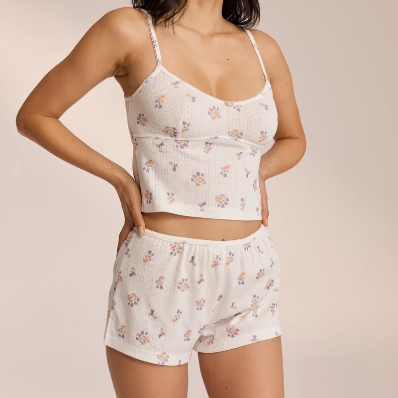 Pointelle Pyjamashorts - Bloemig Wit