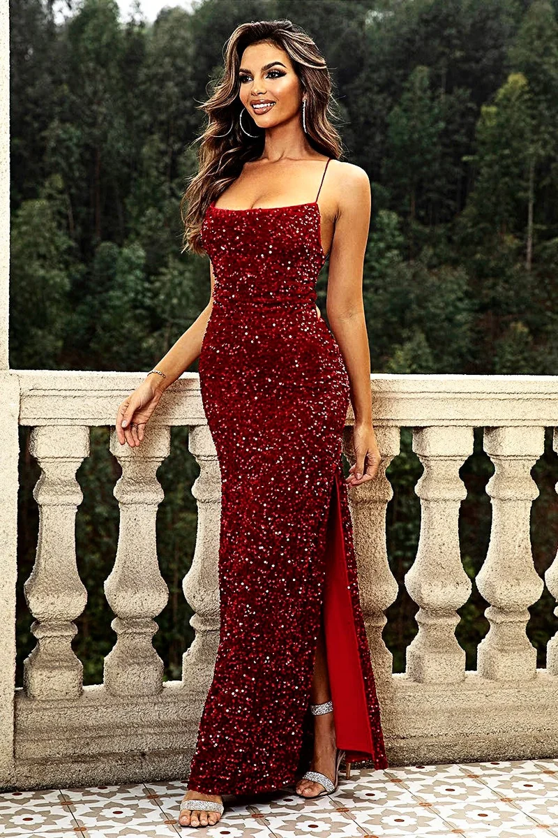 Elegante, rugloze maxi-avondjurk met pailletten en split - Trendy model met vetersluiting