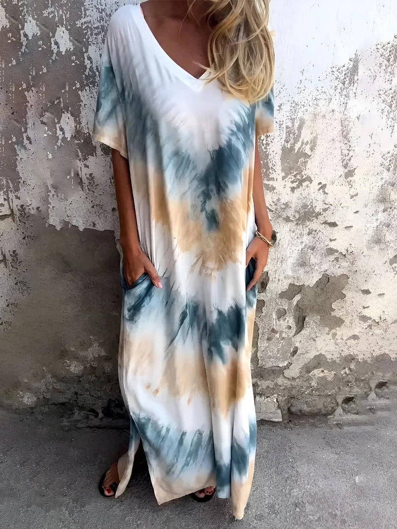 Volledige maat Tie-Dye-jurk met korte mouwen en zakken