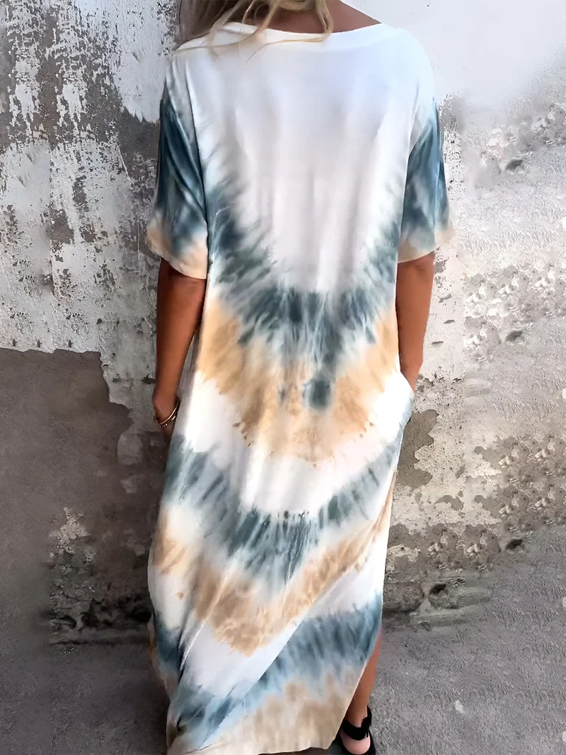 Volledige maat Tie-Dye-jurk met korte mouwen en zakken