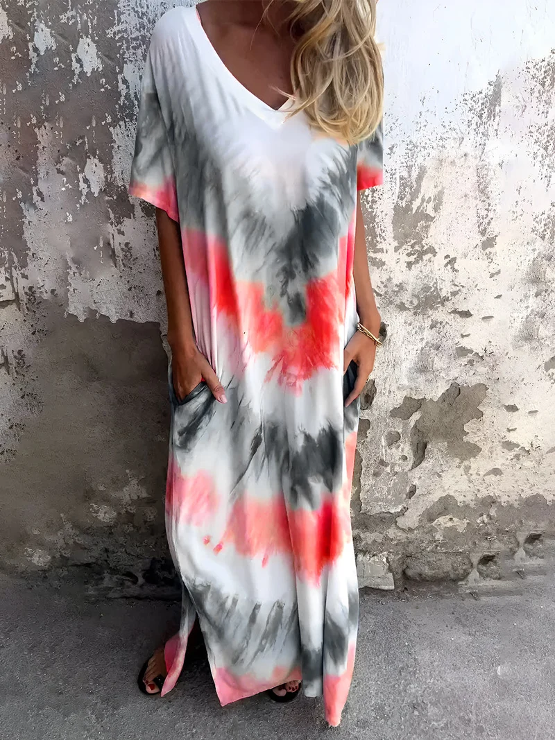 Volledige maat Tie-Dye-jurk met korte mouwen en zakken