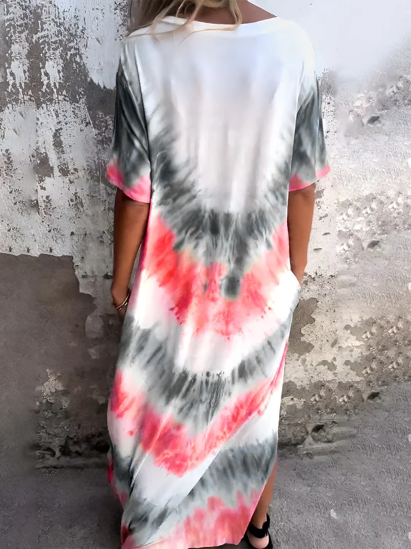 Volledige maat Tie-Dye-jurk met korte mouwen en zakken