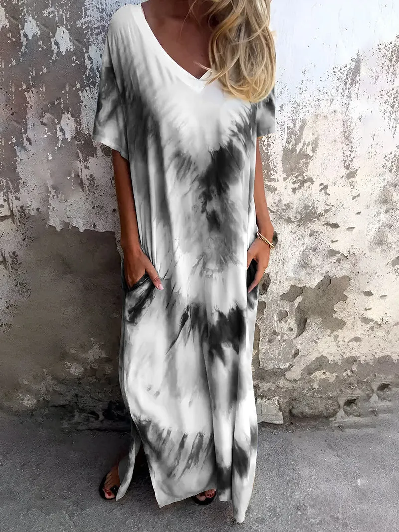 Volledige maat Tie-Dye-jurk met korte mouwen en zakken