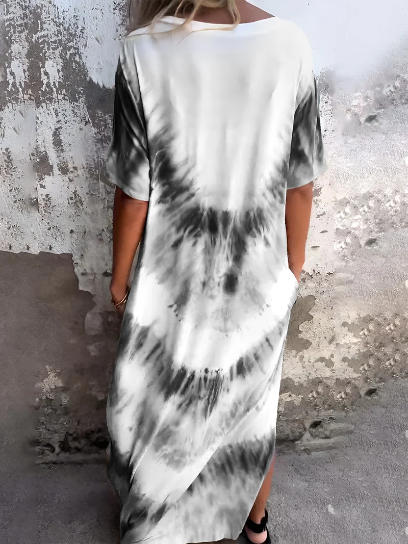 Volledige maat Tie-Dye-jurk met korte mouwen en zakken