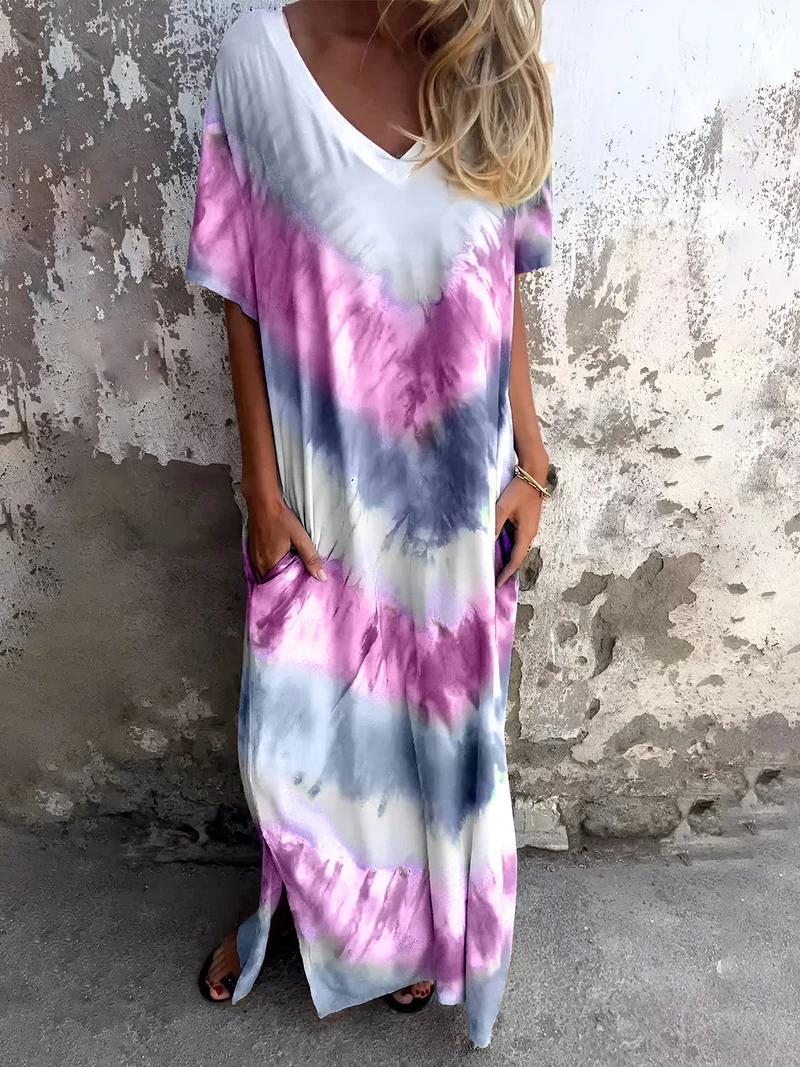 Volledige maat Tie-Dye-jurk met korte mouwen en zakken