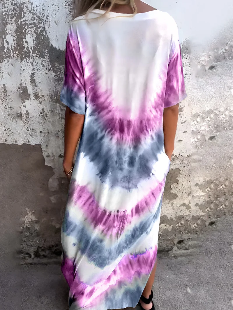 Volledige maat Tie-Dye-jurk met korte mouwen en zakken