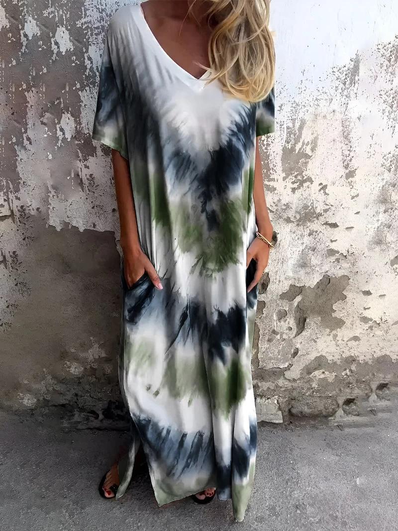 Volledige maat Tie-Dye-jurk met korte mouwen en zakken