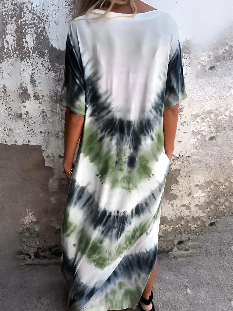 Volledige maat Tie-Dye-jurk met korte mouwen en zakken