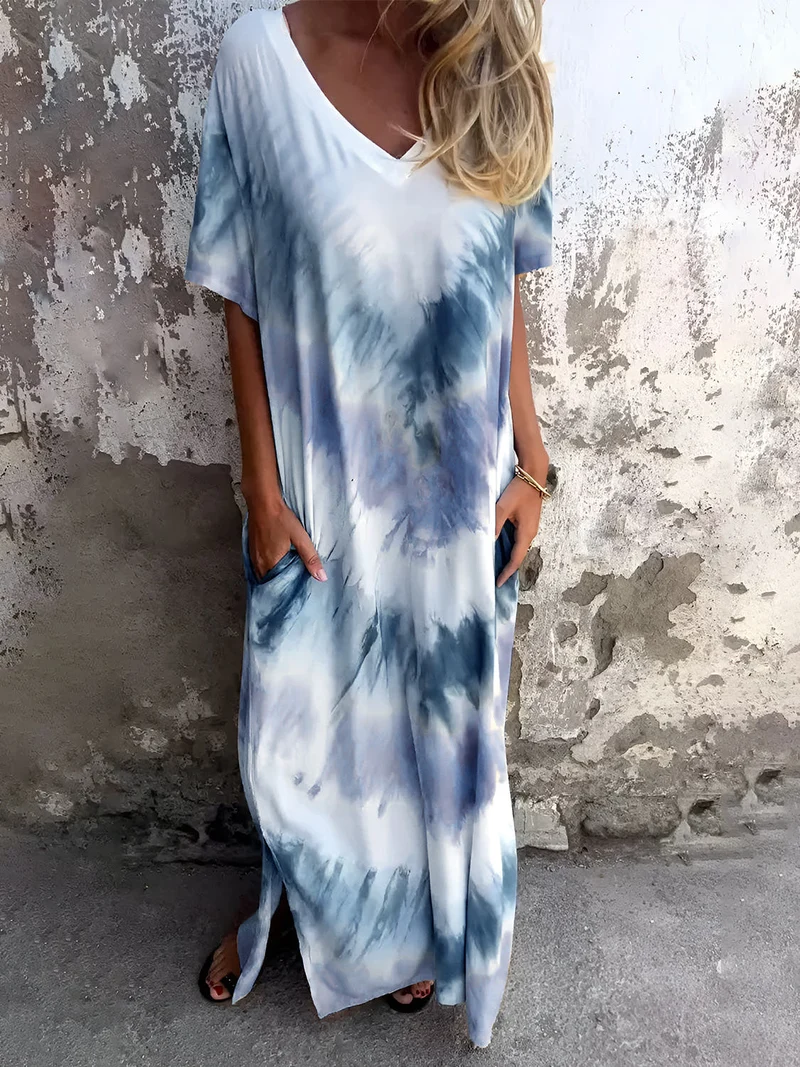 Volledige maat Tie-Dye-jurk met korte mouwen en zakken