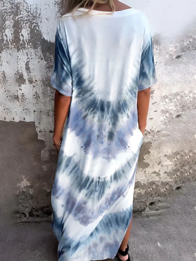 Volledige maat Tie-Dye-jurk met korte mouwen en zakken