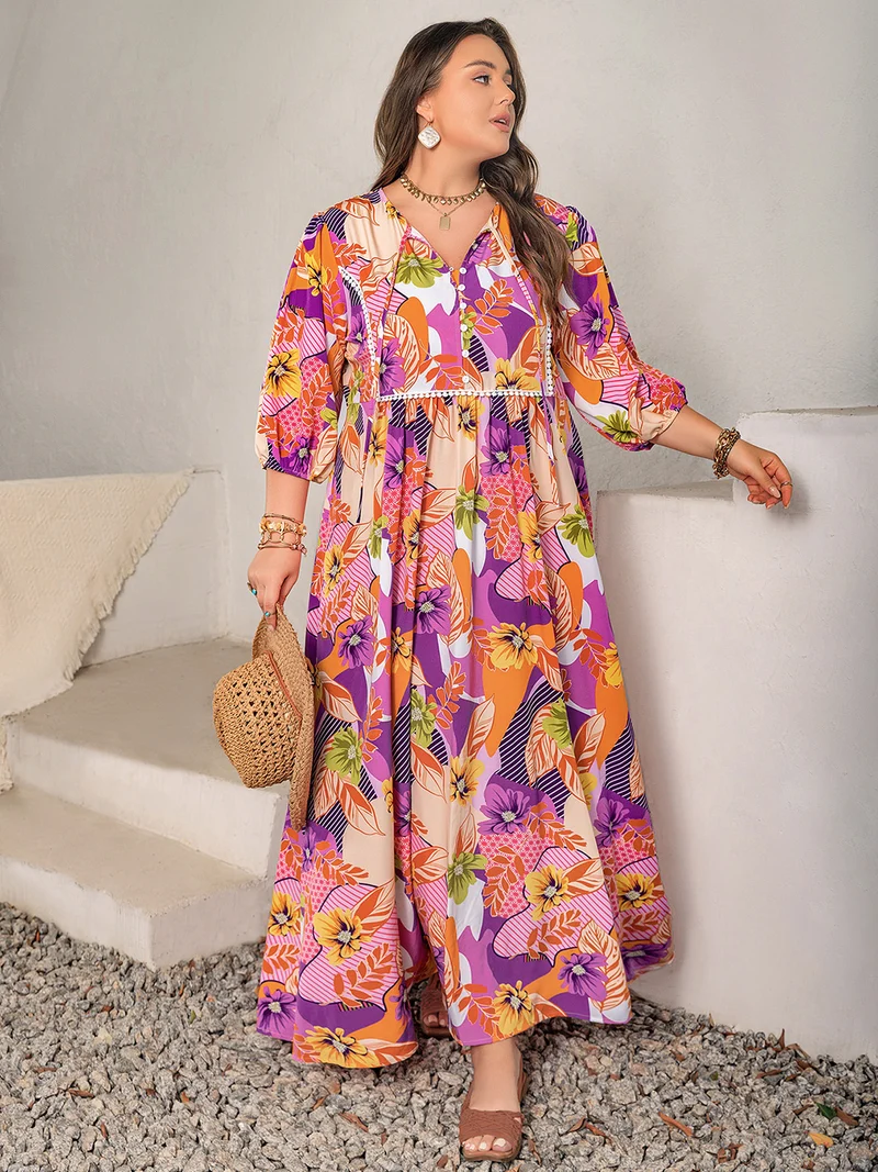 Plus Size Print Tie Neck Maxi Jurk
