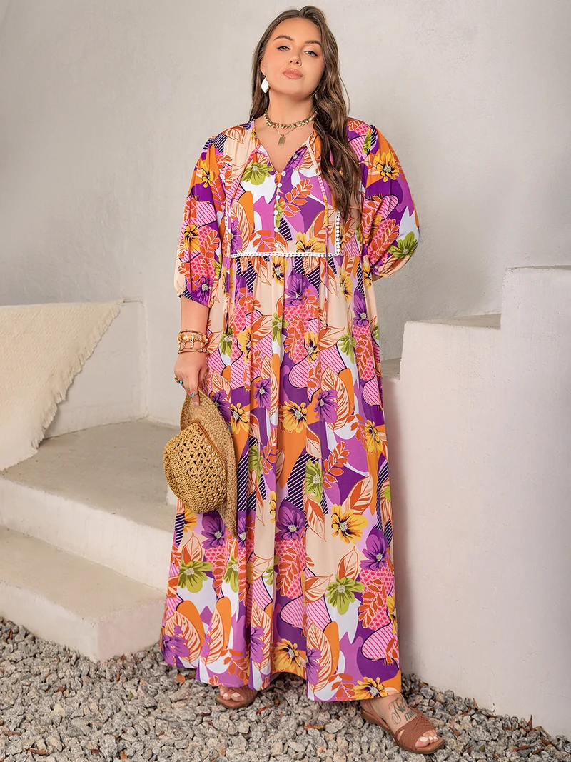 Plus Size Print Tie Neck Maxi Jurk