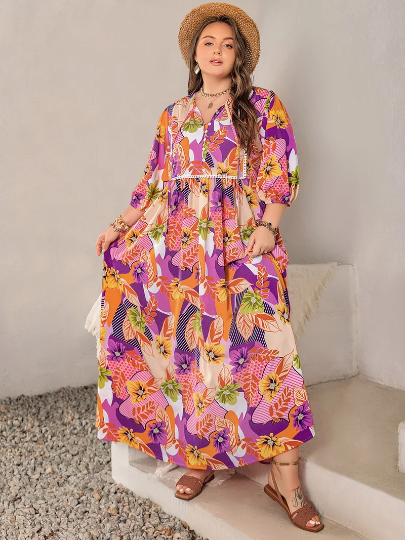 Plus Size Print Tie Neck Maxi Jurk