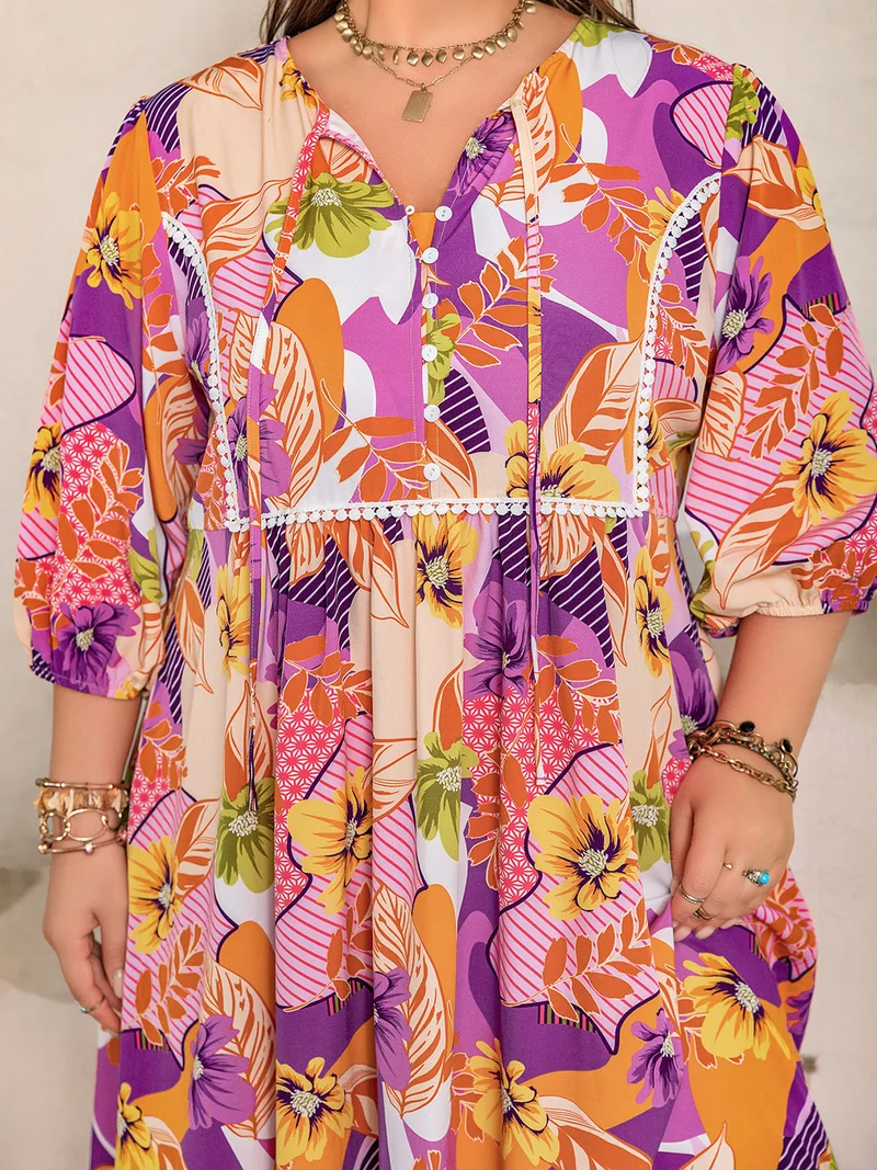 Plus Size Print Tie Neck Maxi Jurk