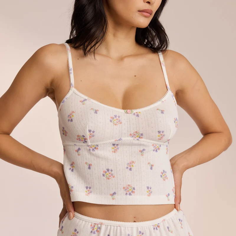 Pointelle Cami Pyjama Top - Bloemig Wit
