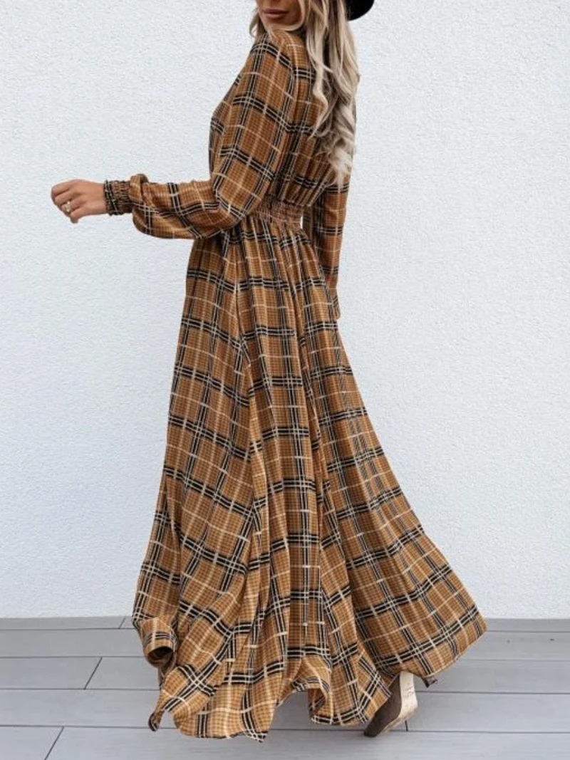 Elegante maxi-jurk met ruitpatroon, split en strik bij de hals, lange mouwen, 100% polyester