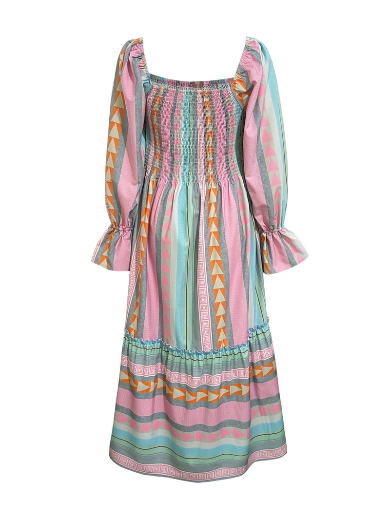 Elegante jurk met lange mouwen, ruches, strepen en een lichte stretch voor een moeiteloze stijl.