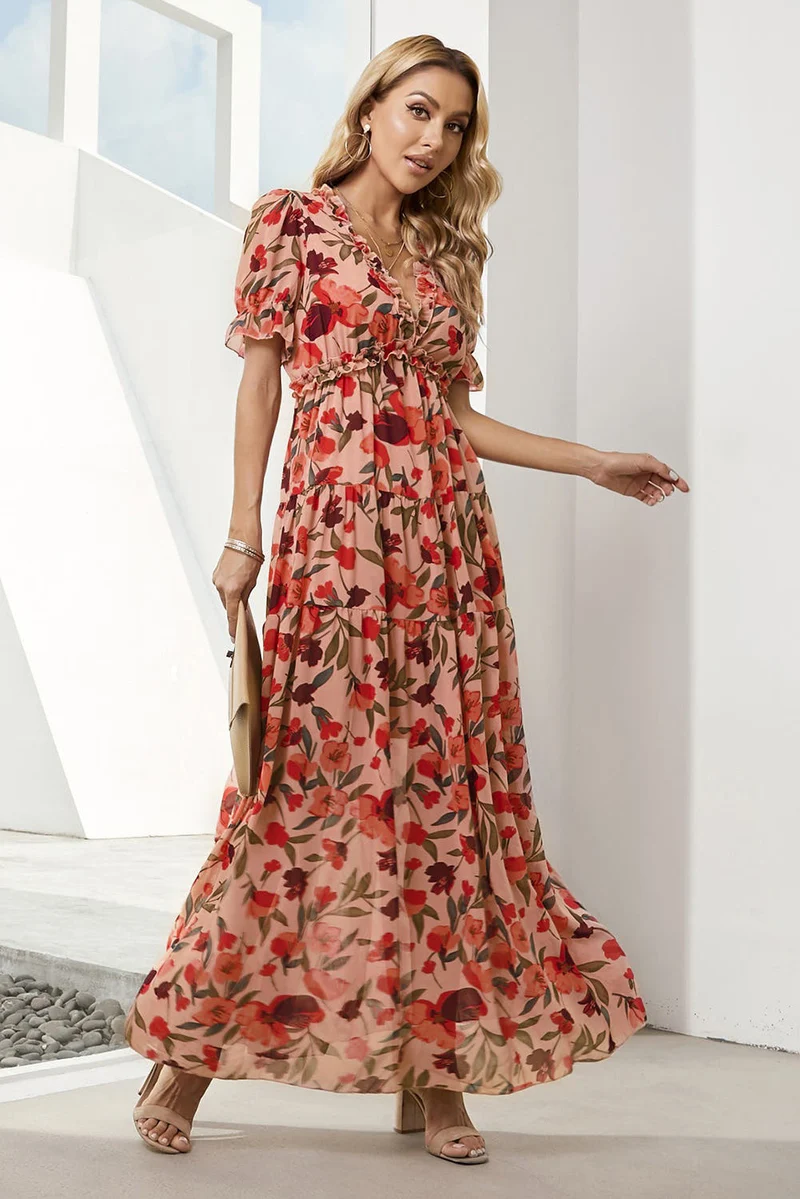 Elegante jurk met bloemenprint, V-hals en korte ruchesmouwtjes, A-lijn maxi-lengte, 100% polyester