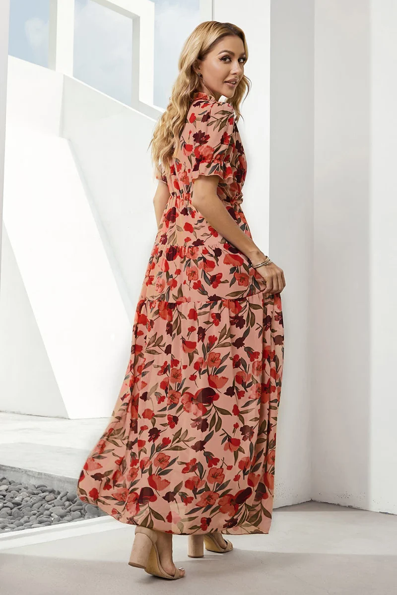 Elegante jurk met bloemenprint, V-hals en korte ruchesmouwtjes, A-lijn maxi-lengte, 100% polyester