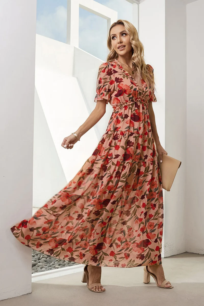 Elegante jurk met bloemenprint, V-hals en korte ruchesmouwtjes, A-lijn maxi-lengte, 100% polyester