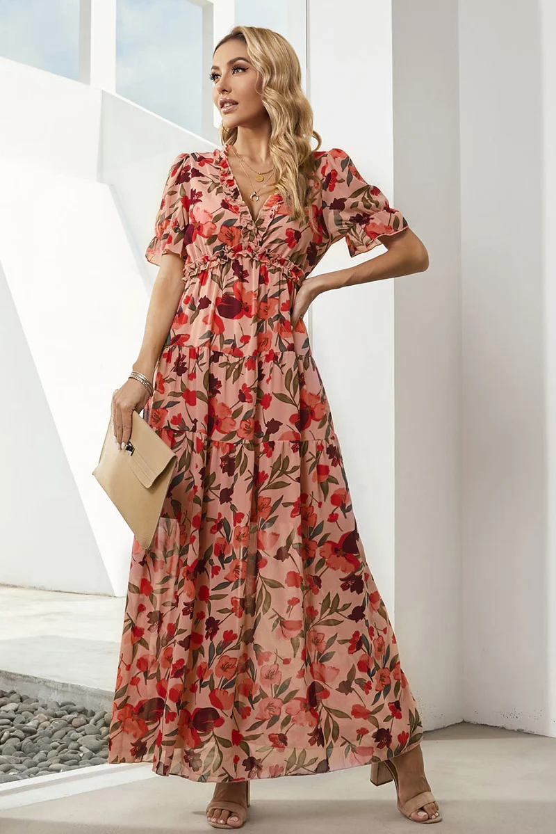 Elegante jurk met bloemenprint, V-hals en korte ruchesmouwtjes, A-lijn maxi-lengte, 100% polyester