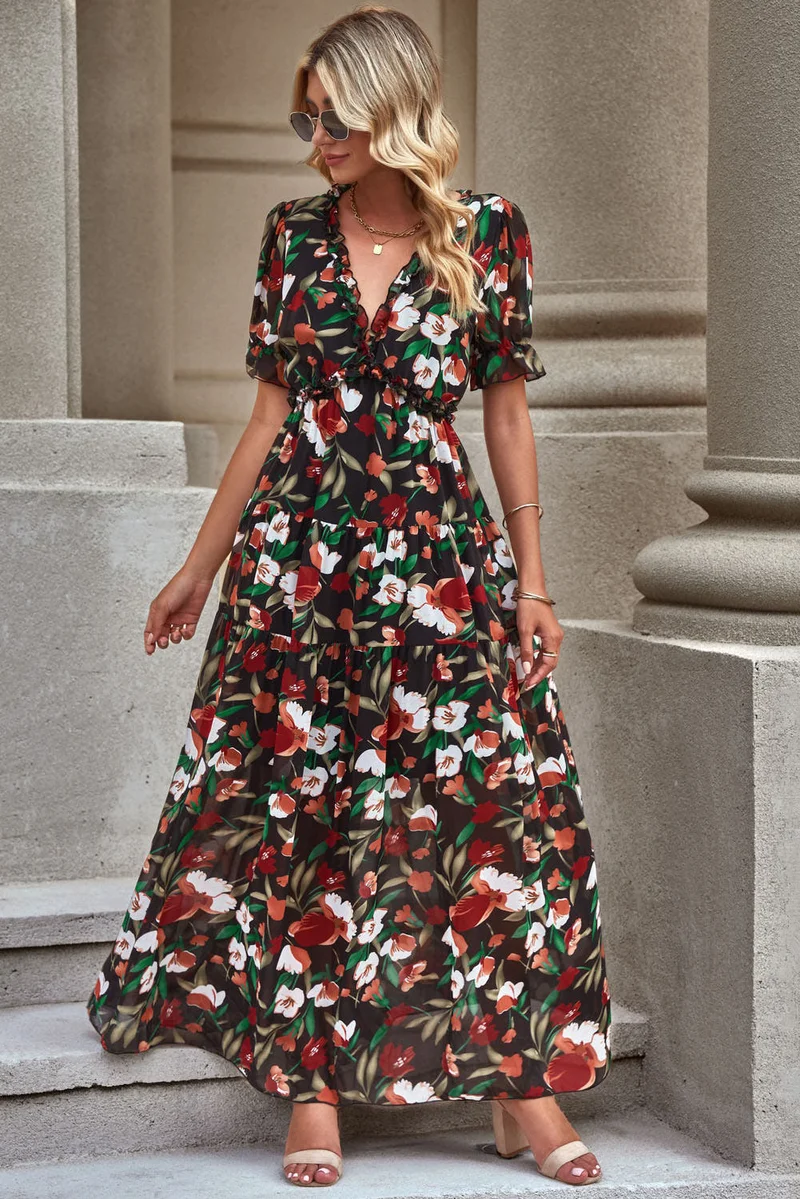 Elegante jurk met bloemenprint, V-hals en korte ruchesmouwtjes, A-lijn maxi-lengte, 100% polyester