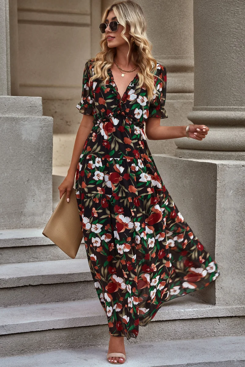 Elegante jurk met bloemenprint, V-hals en korte ruchesmouwtjes, A-lijn maxi-lengte, 100% polyester