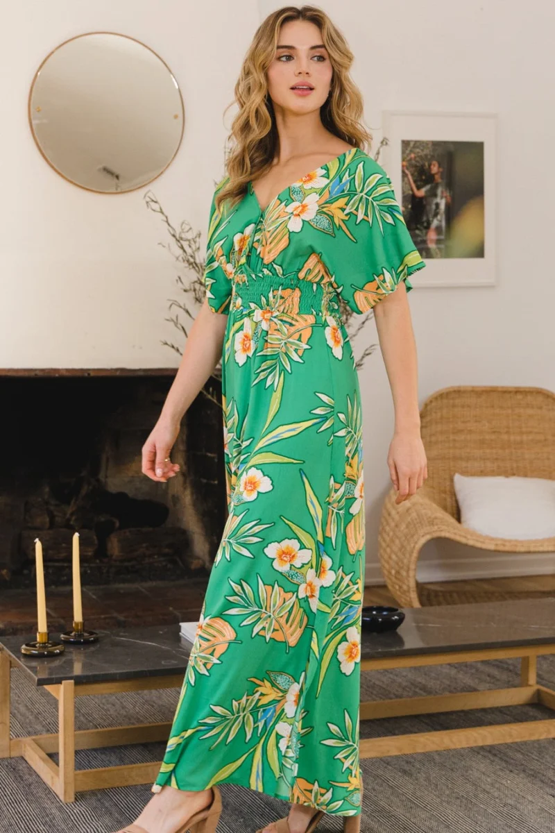 ODDI Full Size Bloemen Smokwerk Geknoopte Maxi-jurk