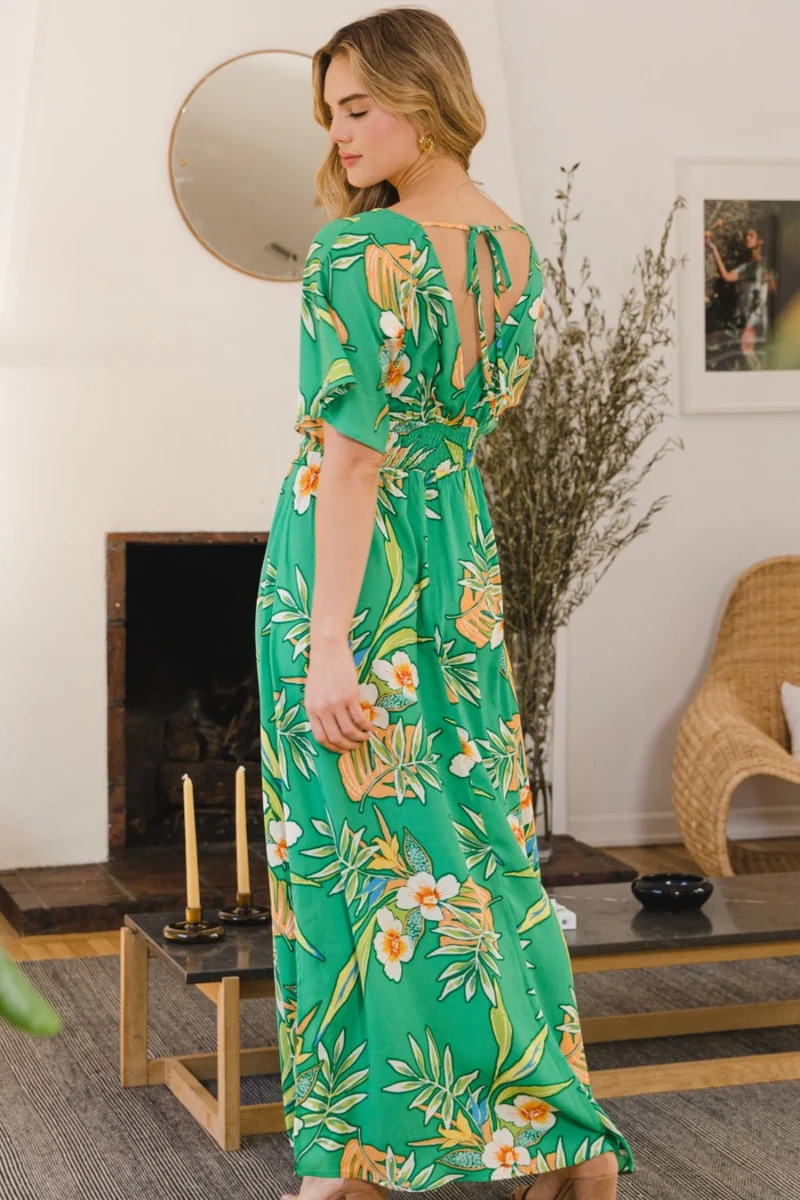 ODDI Full Size Bloemen Smokwerk Geknoopte Maxi-jurk
