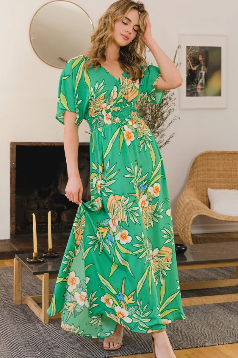 ODDI Full Size Bloemen Smokwerk Geknoopte Maxi-jurk