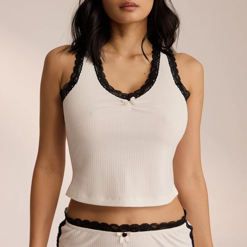 Kanten Vest Pyjama Top - Wit