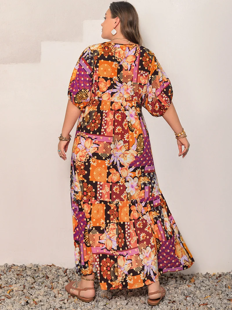Plus Size Bedrukte V-hals Halflange Maxi-jurk