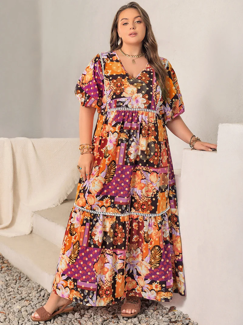 Plus Size Bedrukte V-hals Halflange Maxi-jurk