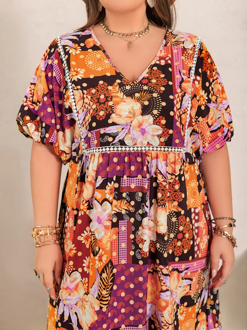 Plus Size Bedrukte V-hals Halflange Maxi-jurk