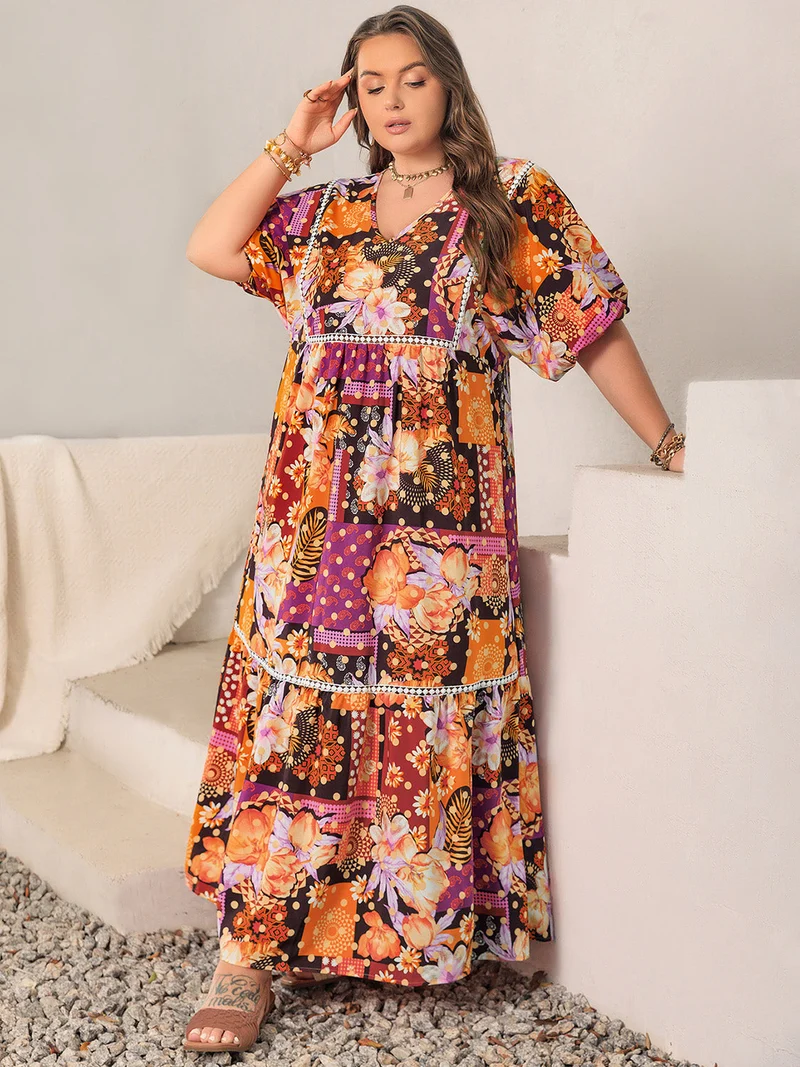 Plus Size Bedrukte V-hals Halflange Maxi-jurk