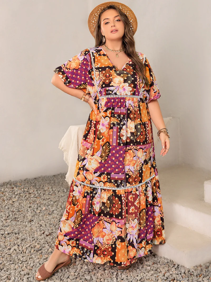Plus Size Bedrukte V-hals Halflange Maxi-jurk