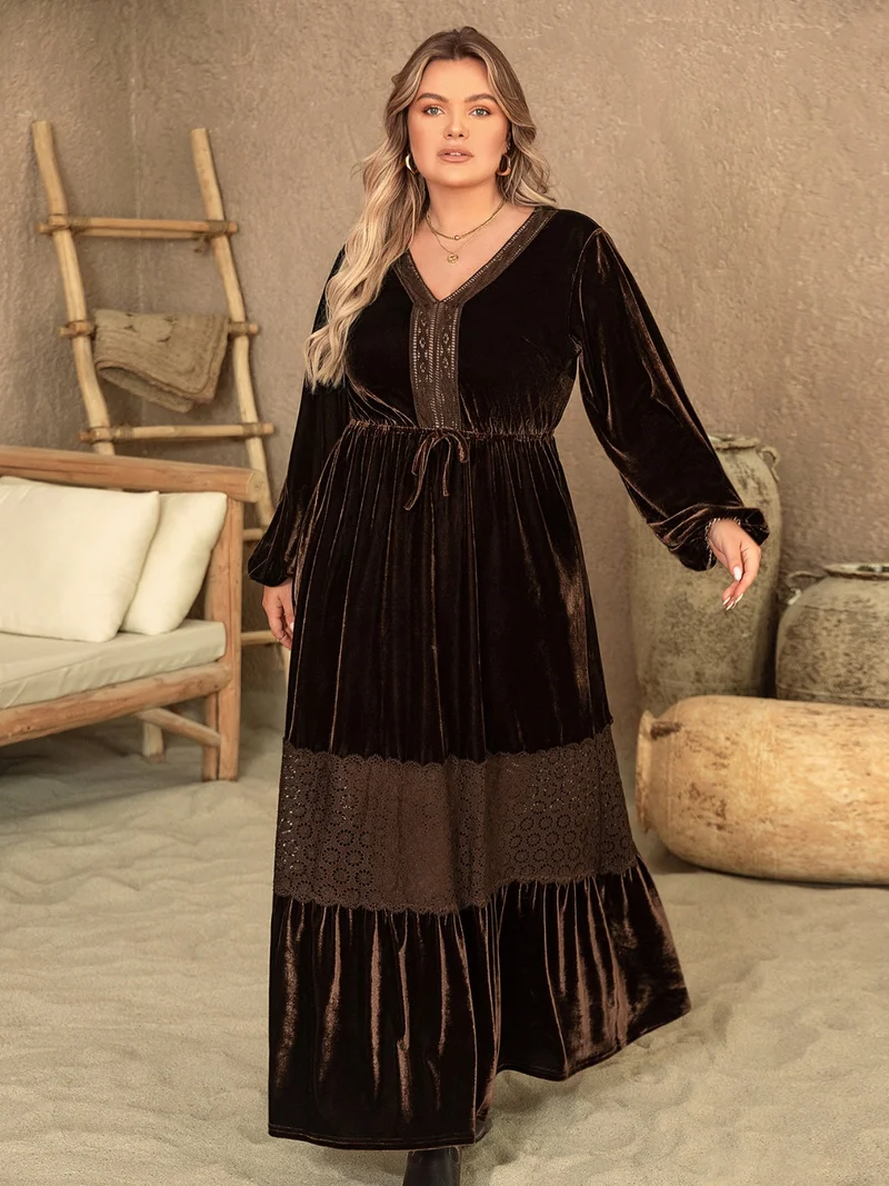 Plus Size V-hals Ballonmouwen Maxi-jurk