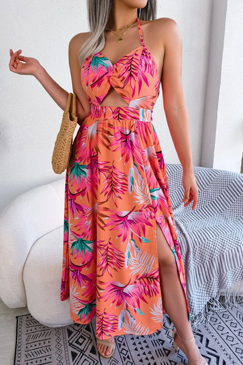 Botanische print geknoopte rugloze cutout splitjurk
