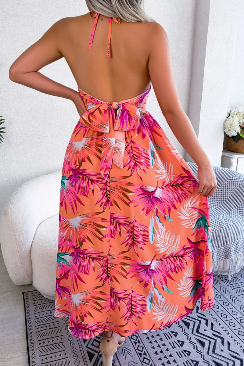 Botanische print geknoopte rugloze cutout splitjurk