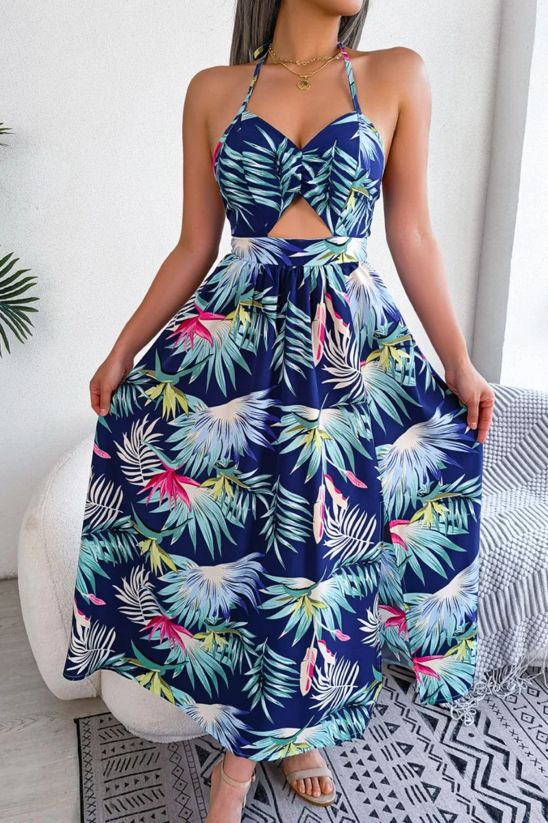 Botanische print geknoopte rugloze cutout splitjurk